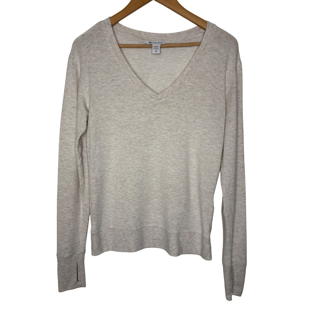 Athleta Soft Workout Modal V-Neck Sweatshirt Oatmeal Heather‎ Gray Thumbhole XS